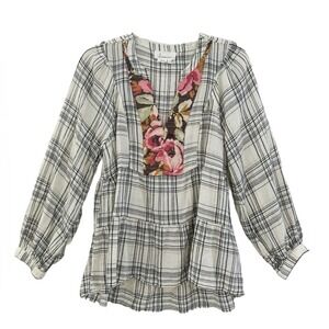 Anthropologie Darlene Plaid Peasant Blouse Women's M Balloon Sleeve Boho‎ Top